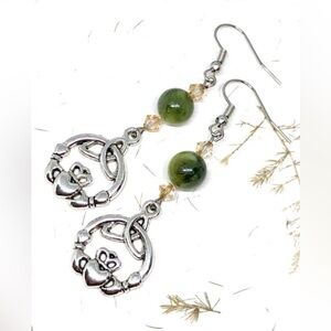 Irish Green Connemara Marble Claddagh Triquetra Trinity Knot Crystal Earrings